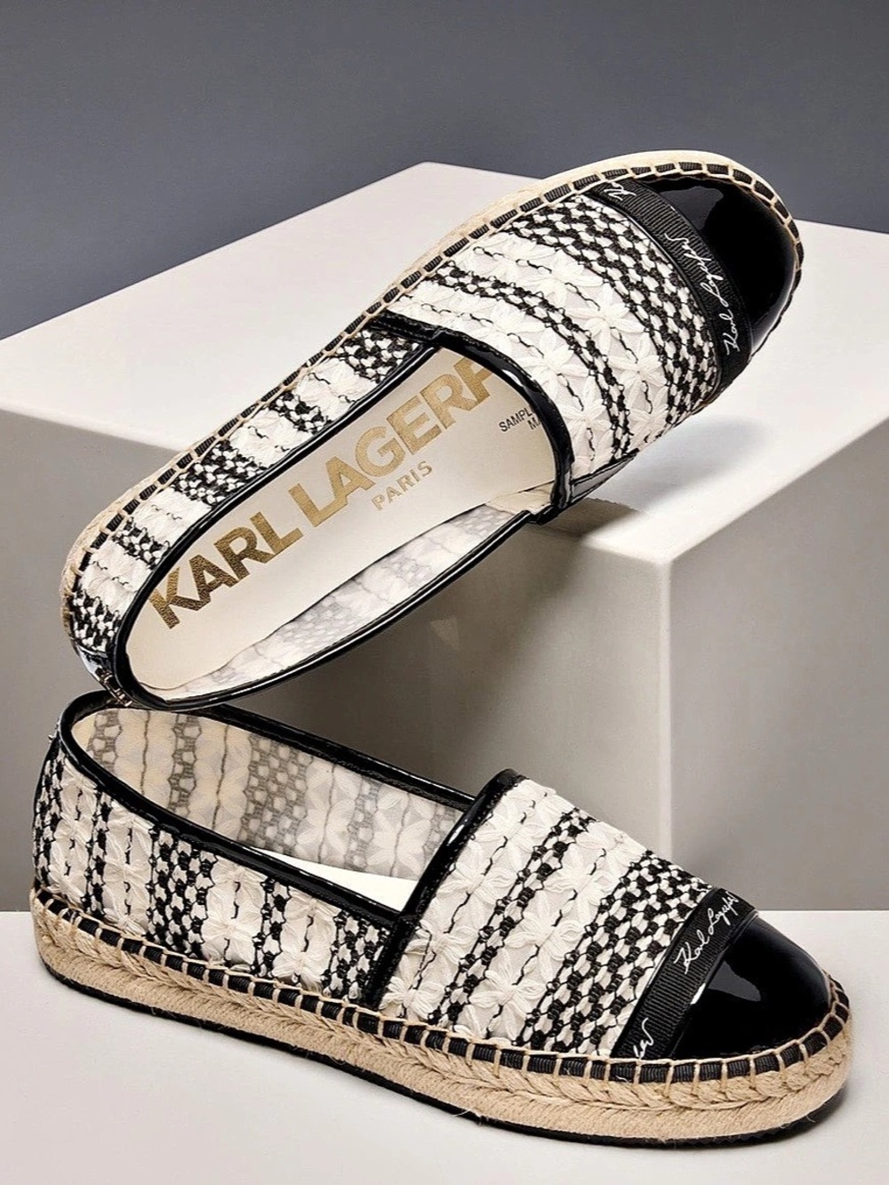 Karl Lagerfeld Patterned Espadrille Slip-Ons in Black & White New